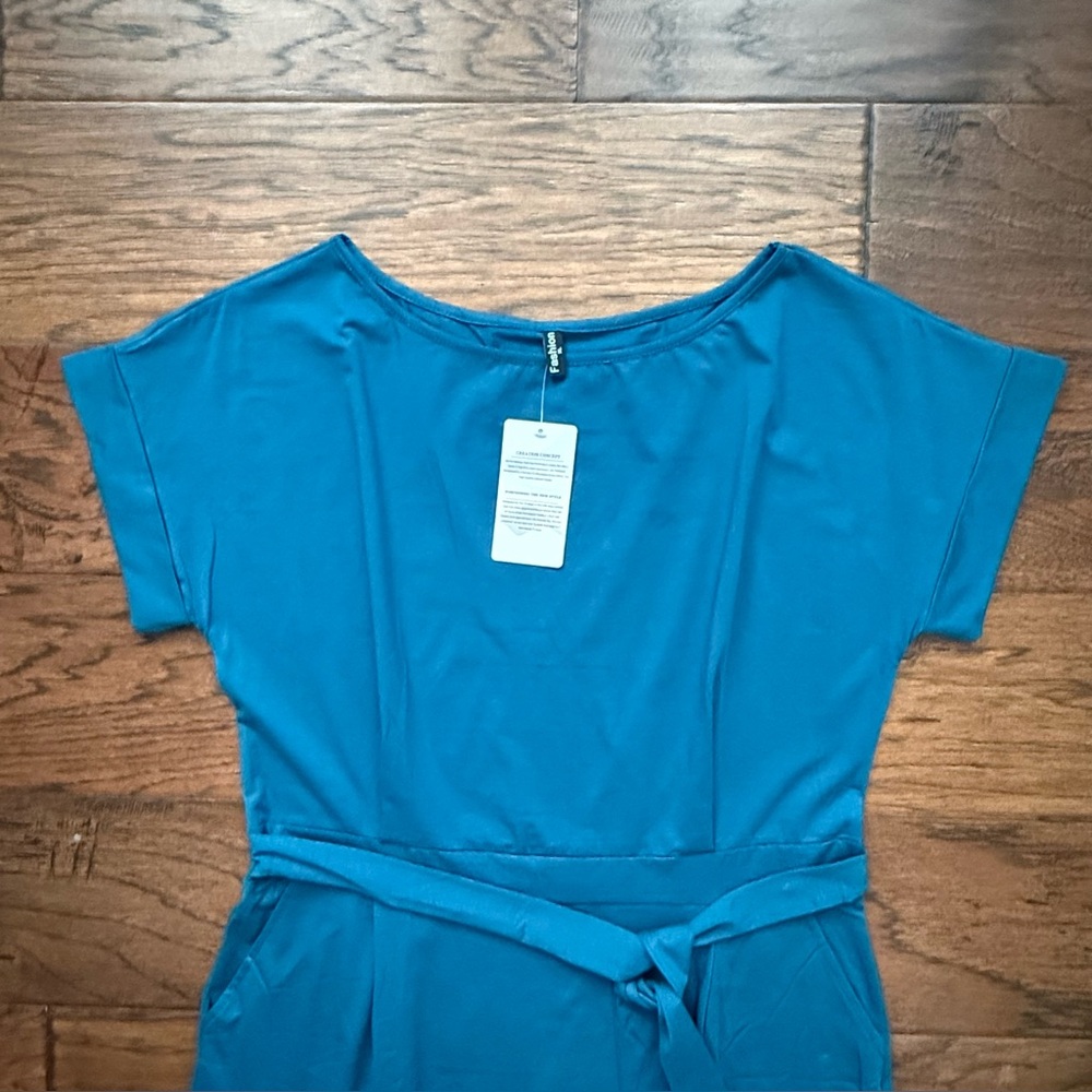 Fashion Women's Size XL Blue Teal Front Tie Short Sleeve T-Shirt Dress - Picture 2 of 10